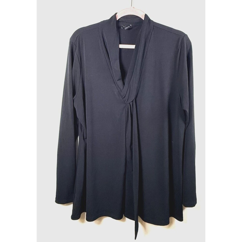 Ann Taylor Factory Womens Black Solid Jersey V-Neck Tie Front Blouse XL
